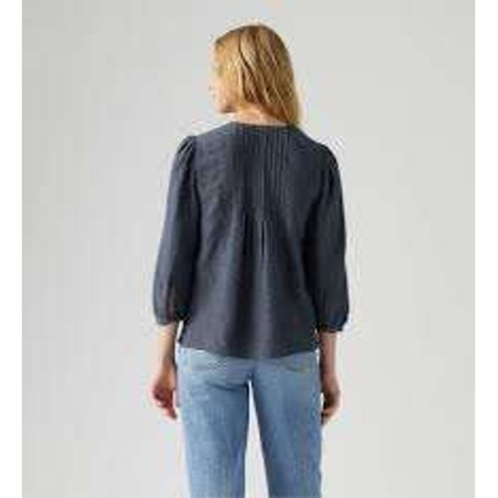 LOFT Ruffle V-Neck Tie Blouse Dotted Textured Dark Gray Top 3/4 Sleeves - Size S